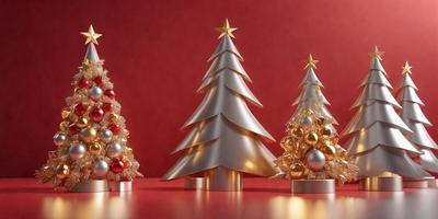 The primary subject of the image is a group of three Christmas trees, each adorned with gold and pearl ornaments. The setting is a red background, which adds a festive touch to the scene. The visual style is a combination of photo and digital art, creating a realistic yet decorative representation of the Christmas trees. The colors and mood of the image are predominantly gold and pearl, giving the scene a warm and celebratory atmosphere.